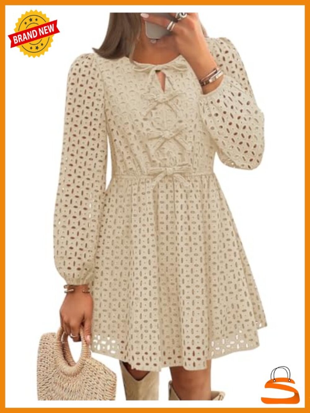 ZESICA Women's Fall Hollow Out Long Sleeve Mini Dress Tie Front